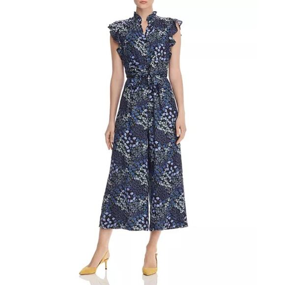 Rebecca Taylor Ava Blue Floral Print Wide Leg Silk Jumpsuit Size 0 - Picture 1 of 13